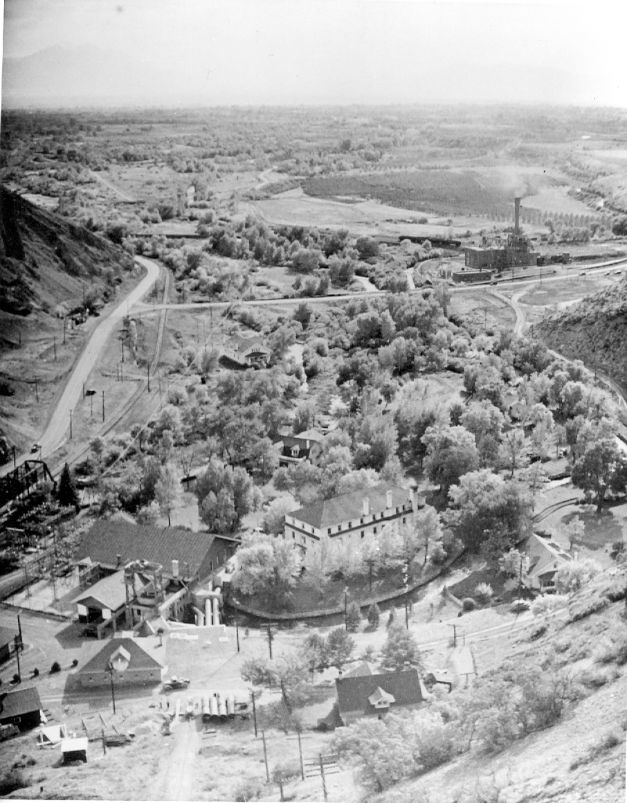 Black and white photo of utah valley from mouth of the canyon with over view of olmsted campus