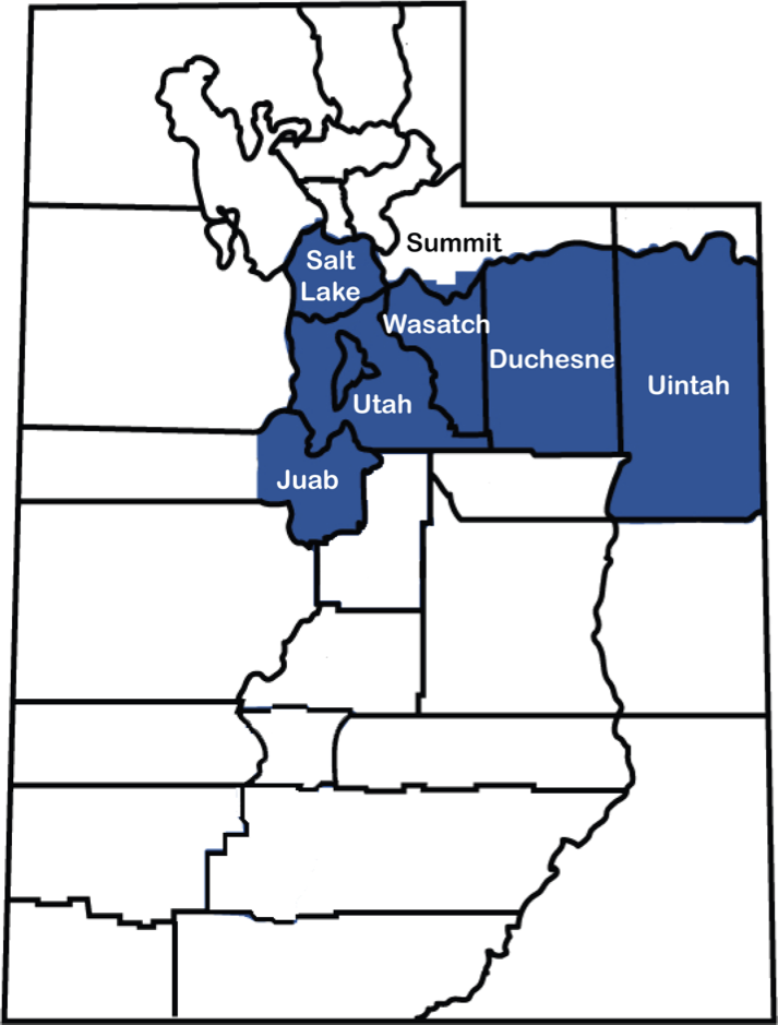 vector image of Utah Counties within the District's jurisdiction including: Salt Lake, Utah, Juab, Summit, Wasatch, Duchesne and Uintah Counties, are shaded in blue
